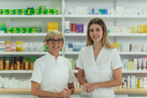 Zwei Apotheker die Grinsend in die Kamera schauen